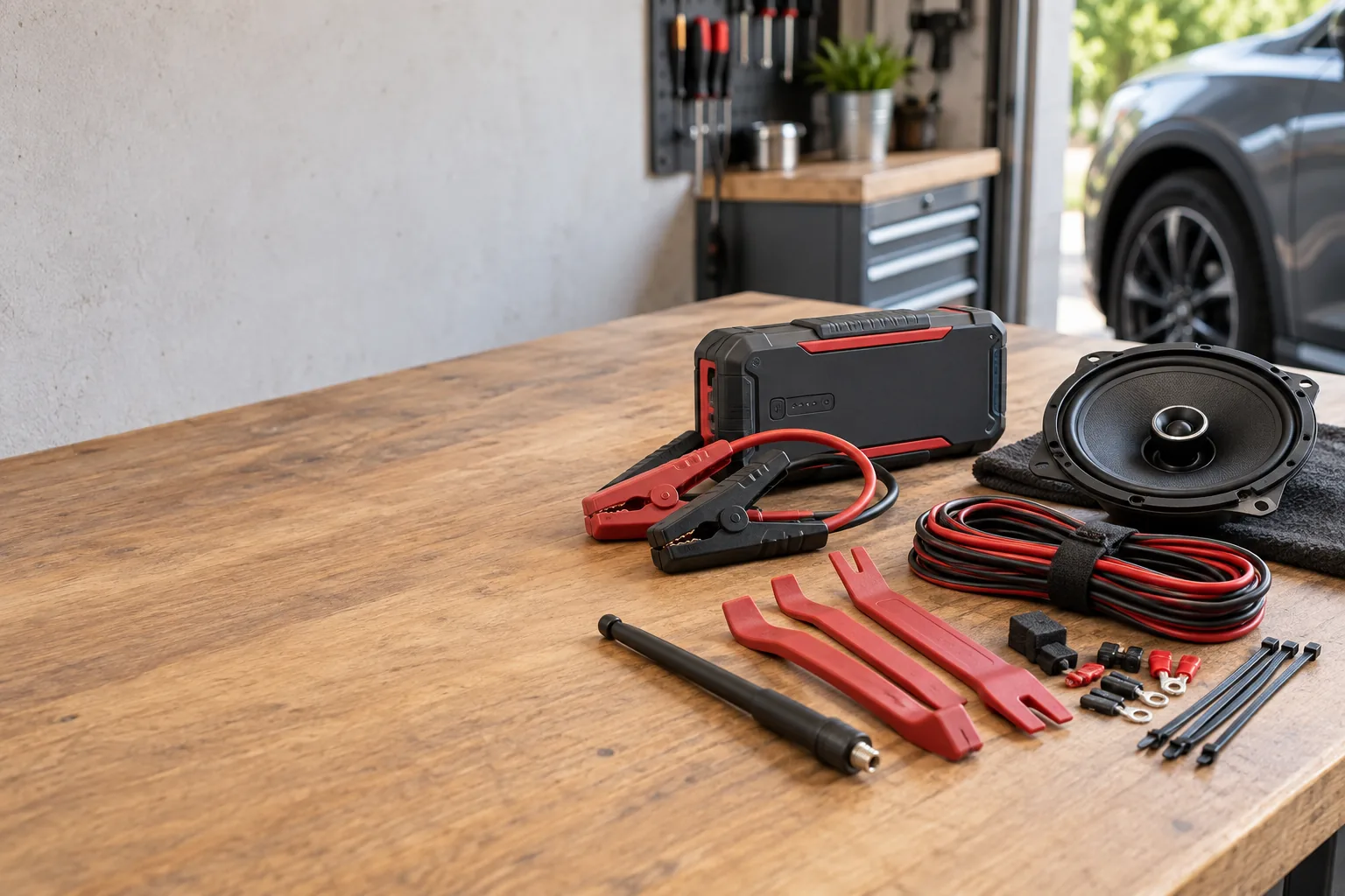 A selection of automotive accessories on a workbench