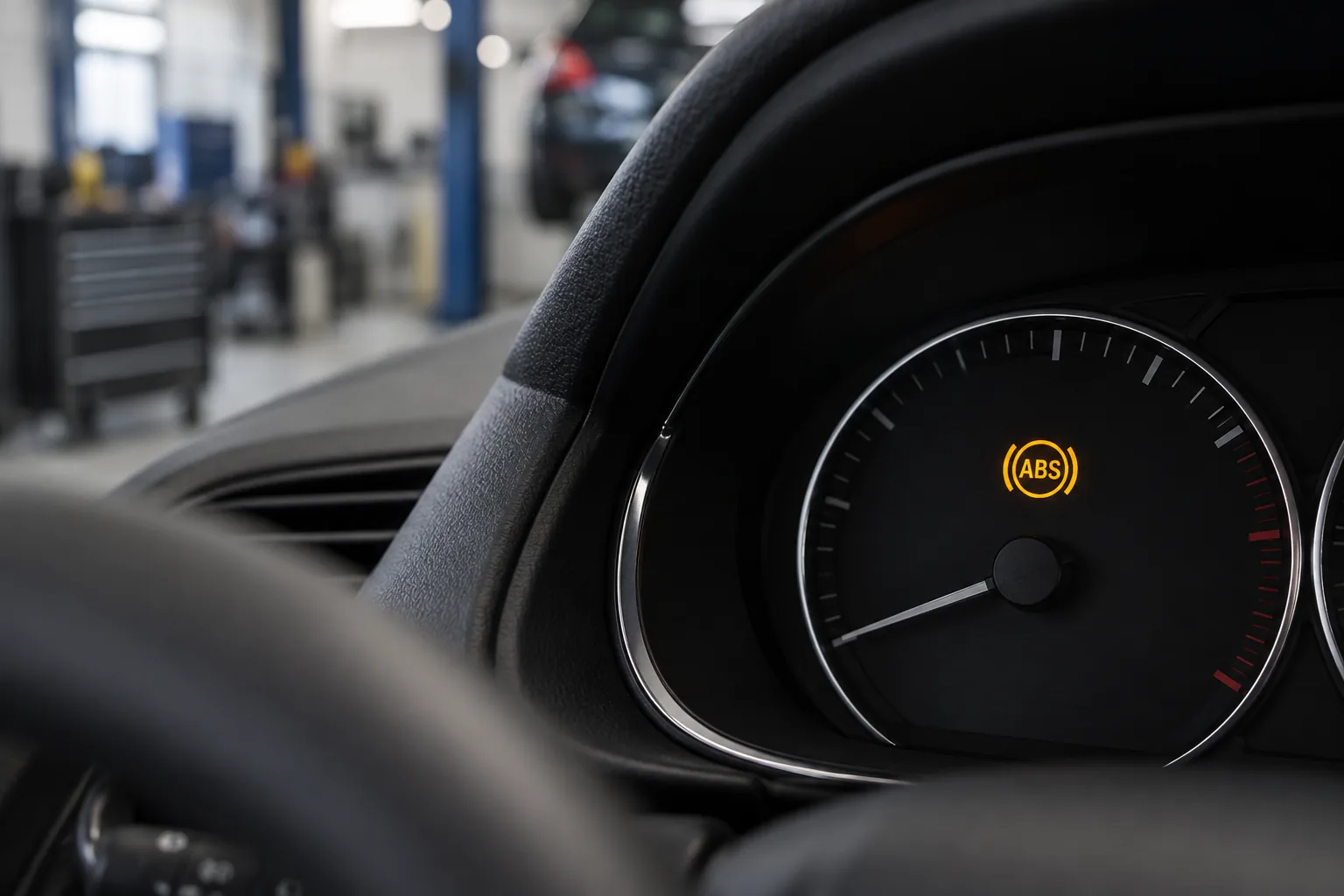 dashboard-warning-lights Amber ABS warning light illuminated on a car dashboard