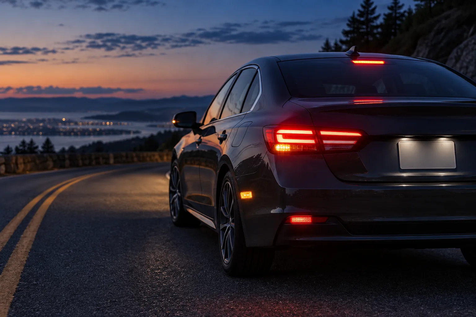 Rear exterior lights illuminated on a car at dusk