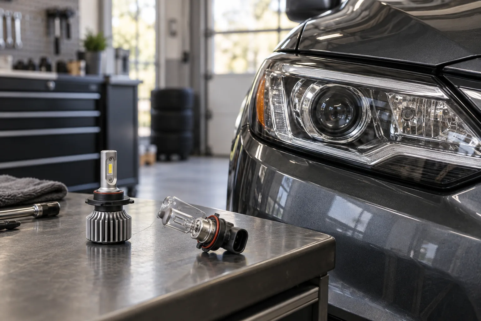 Headlight bulbs beside a vehicle headlamp