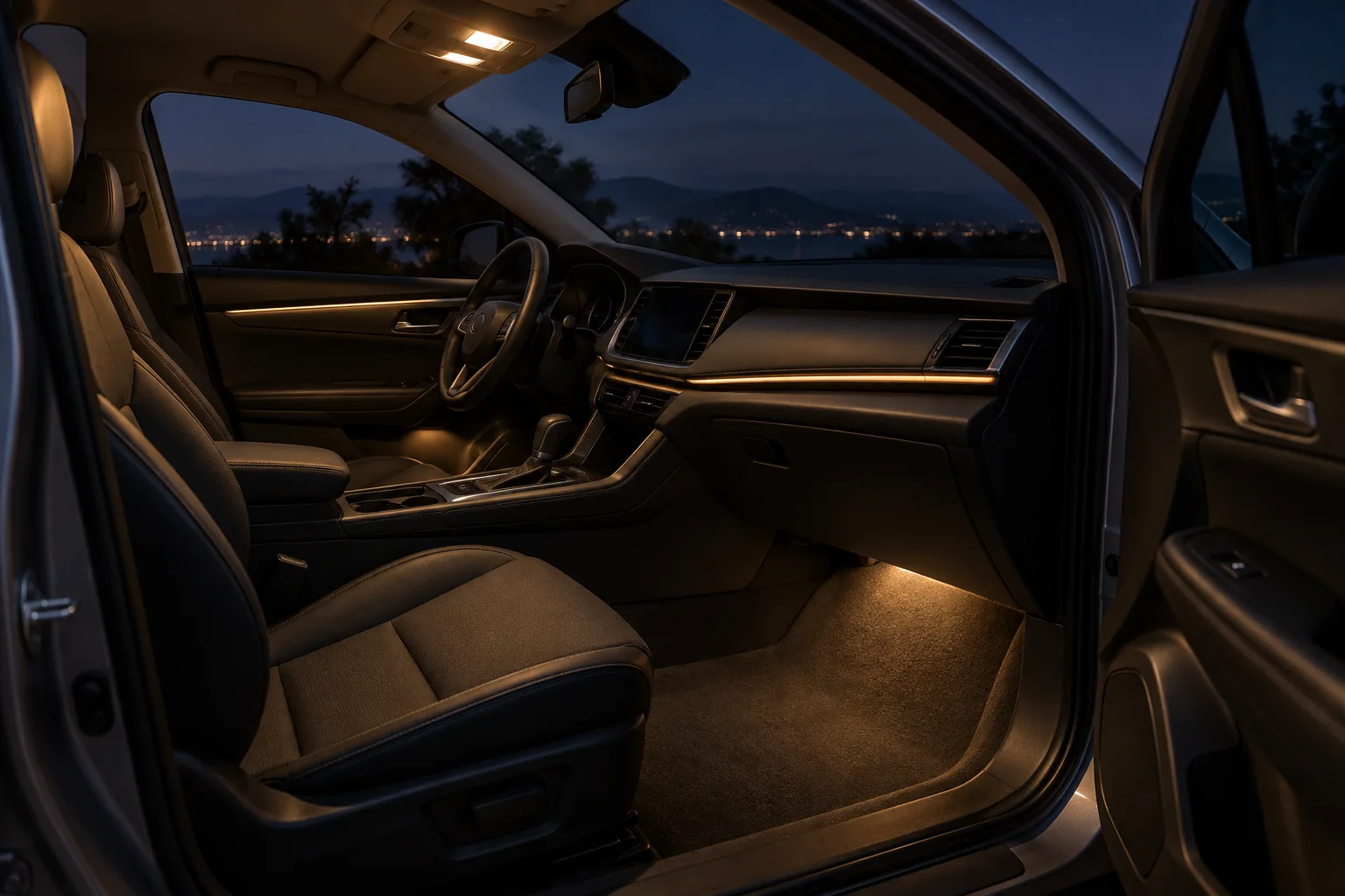 interior-style-lights Warm dome and footwell lighting inside a modern car