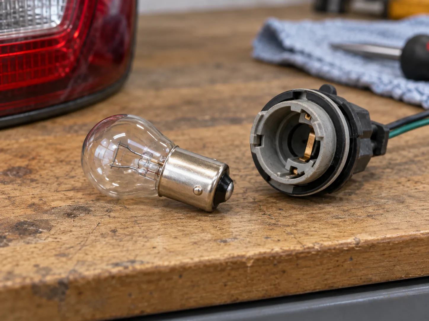 1156 single-contact LED bulb beside a vehicle lamp for replacement fitment checks