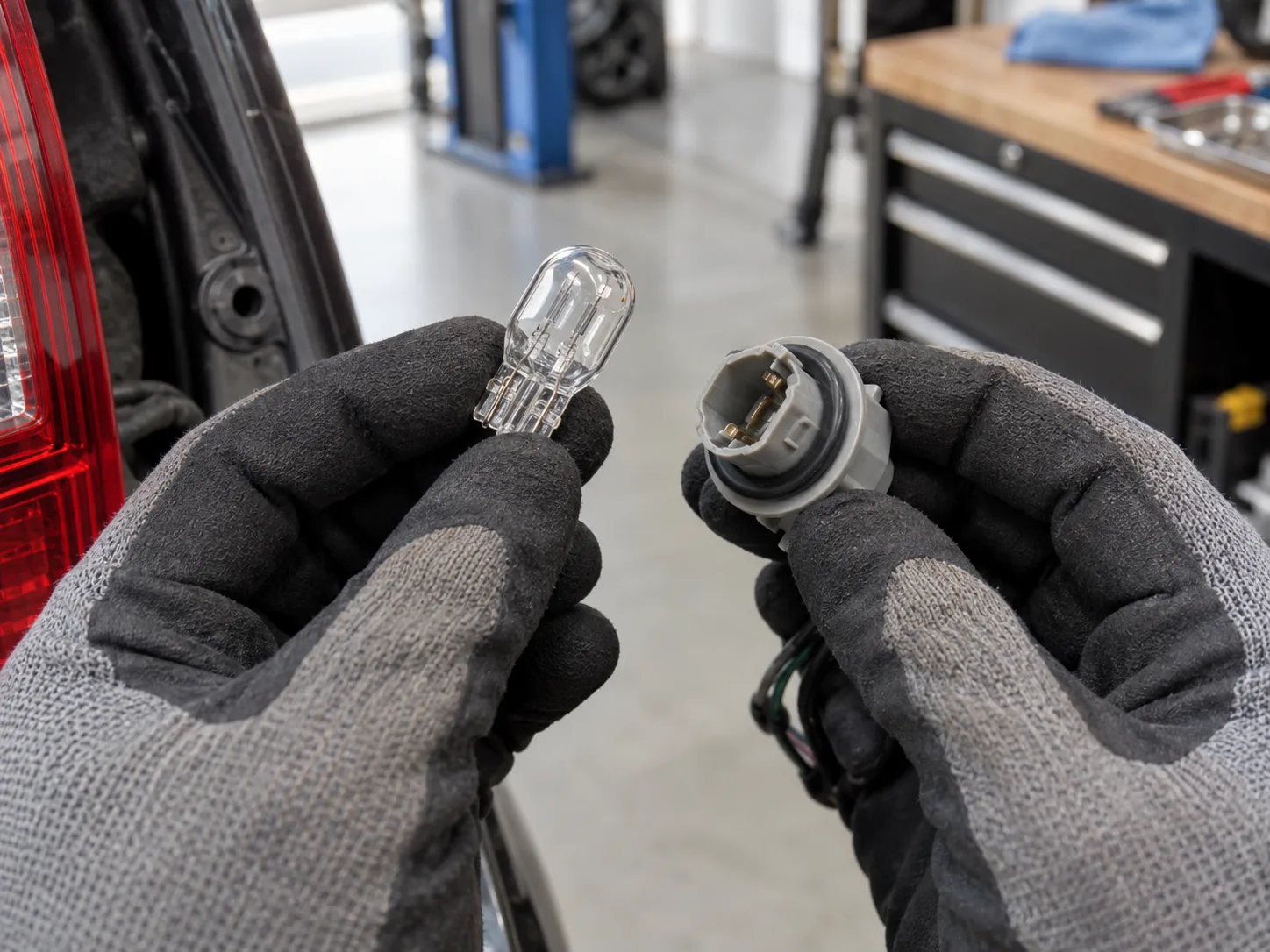 3157 LED bulb and socket beside a car tail lamp during replacement.