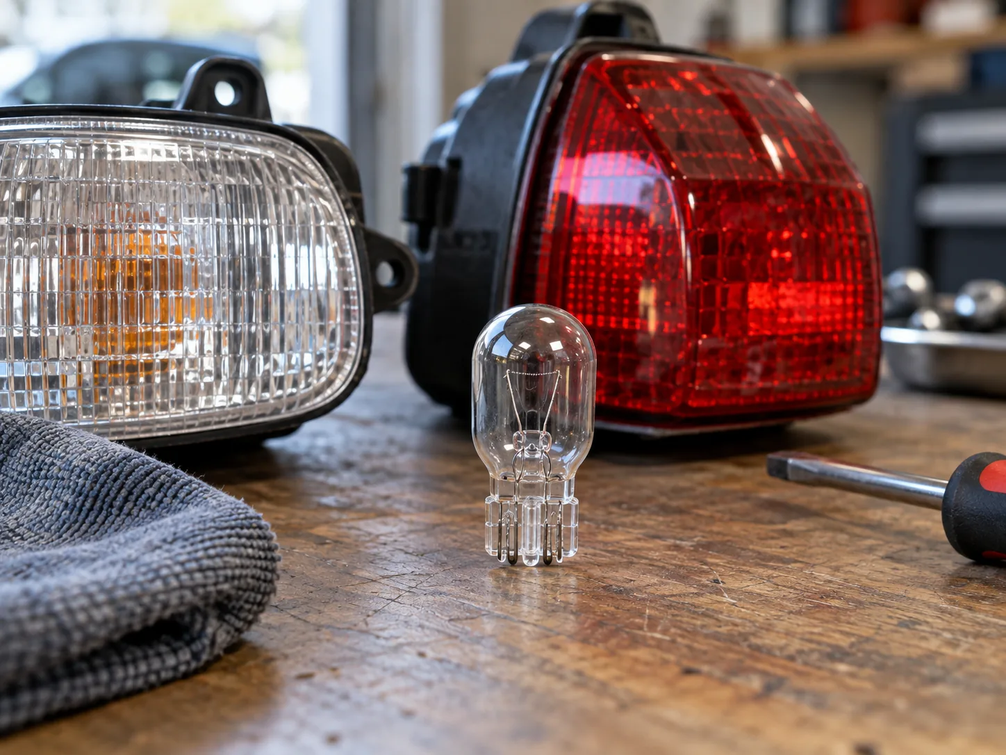 7443 dual-function bulb beside a vehicle tail lamp for socket and function checks