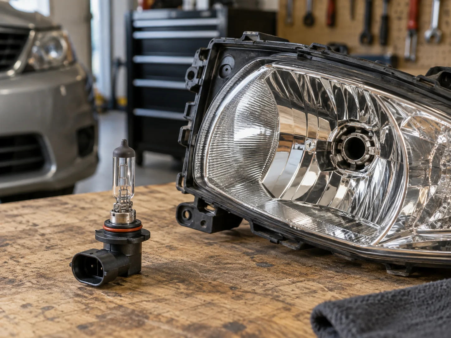 Halogen headlight bulb beside a removed headlamp assembly on a workbench