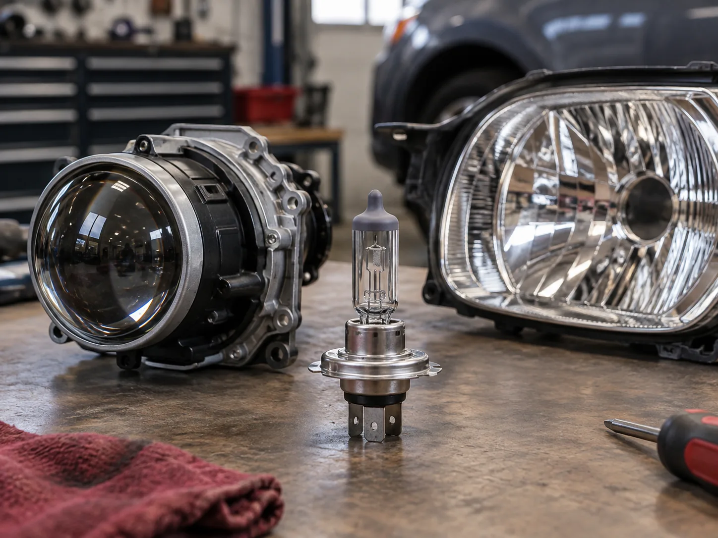 Halogen bulb between projector and reflector headlamp assemblies on a workbench