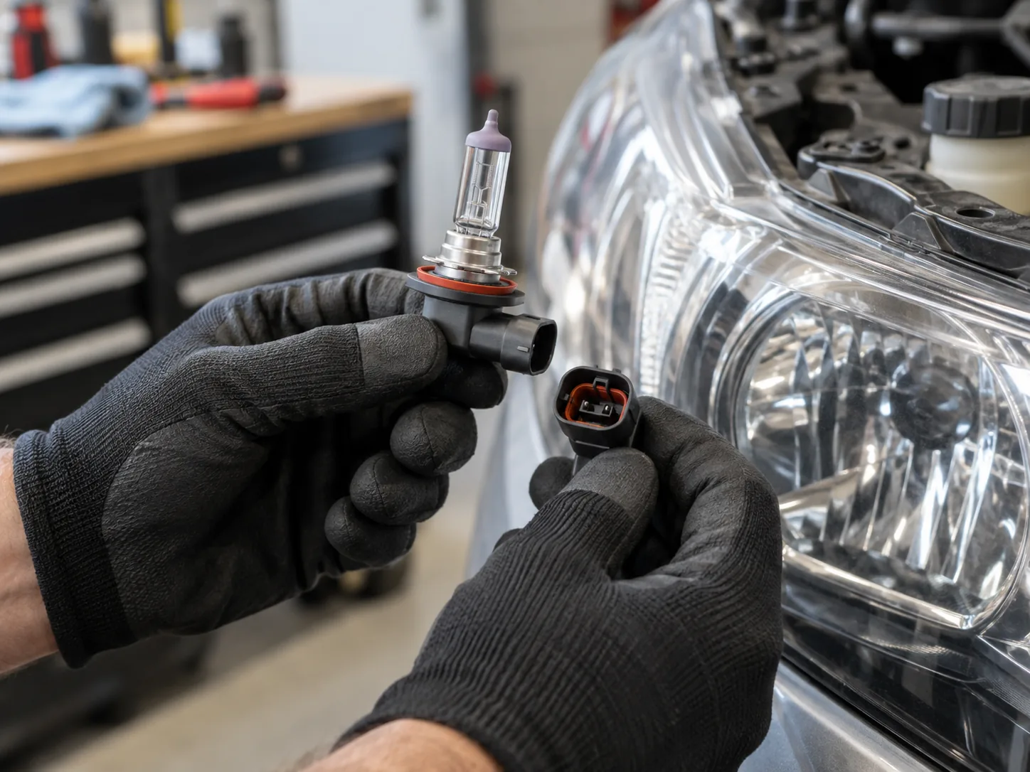 9012/HIR2 headlight bulb beside a vehicle headlamp for fitment identification