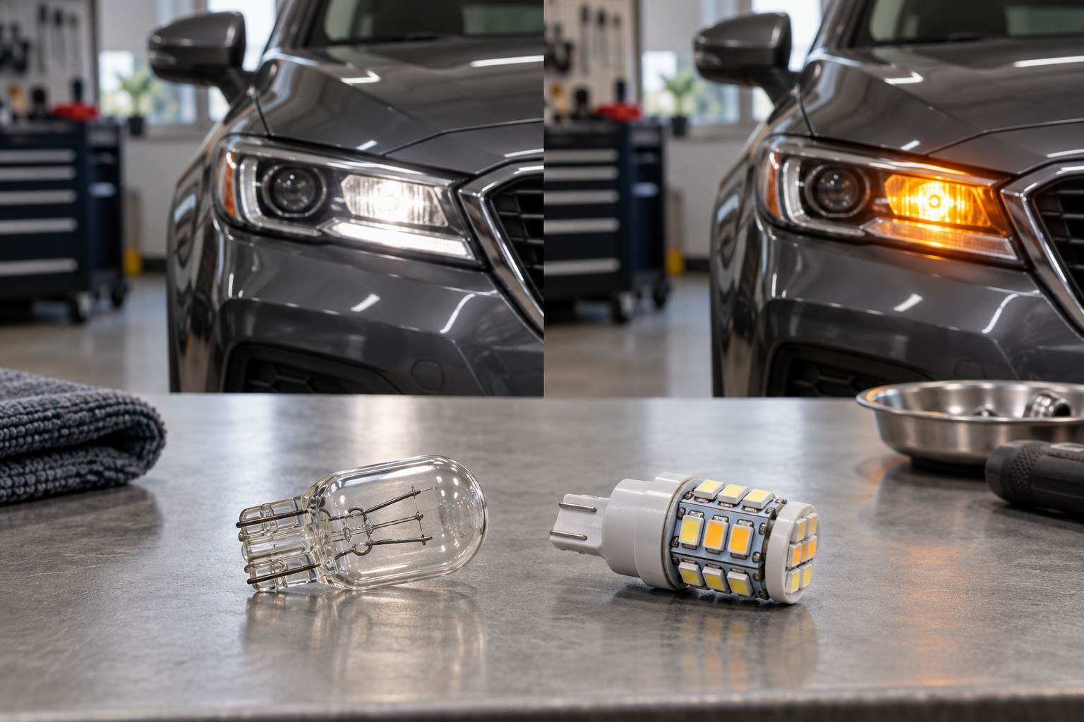 Unbranded white-and-amber switchback LED bulbs beside a front turn-signal lamp, illustrating color options without indicating vehicle fitment