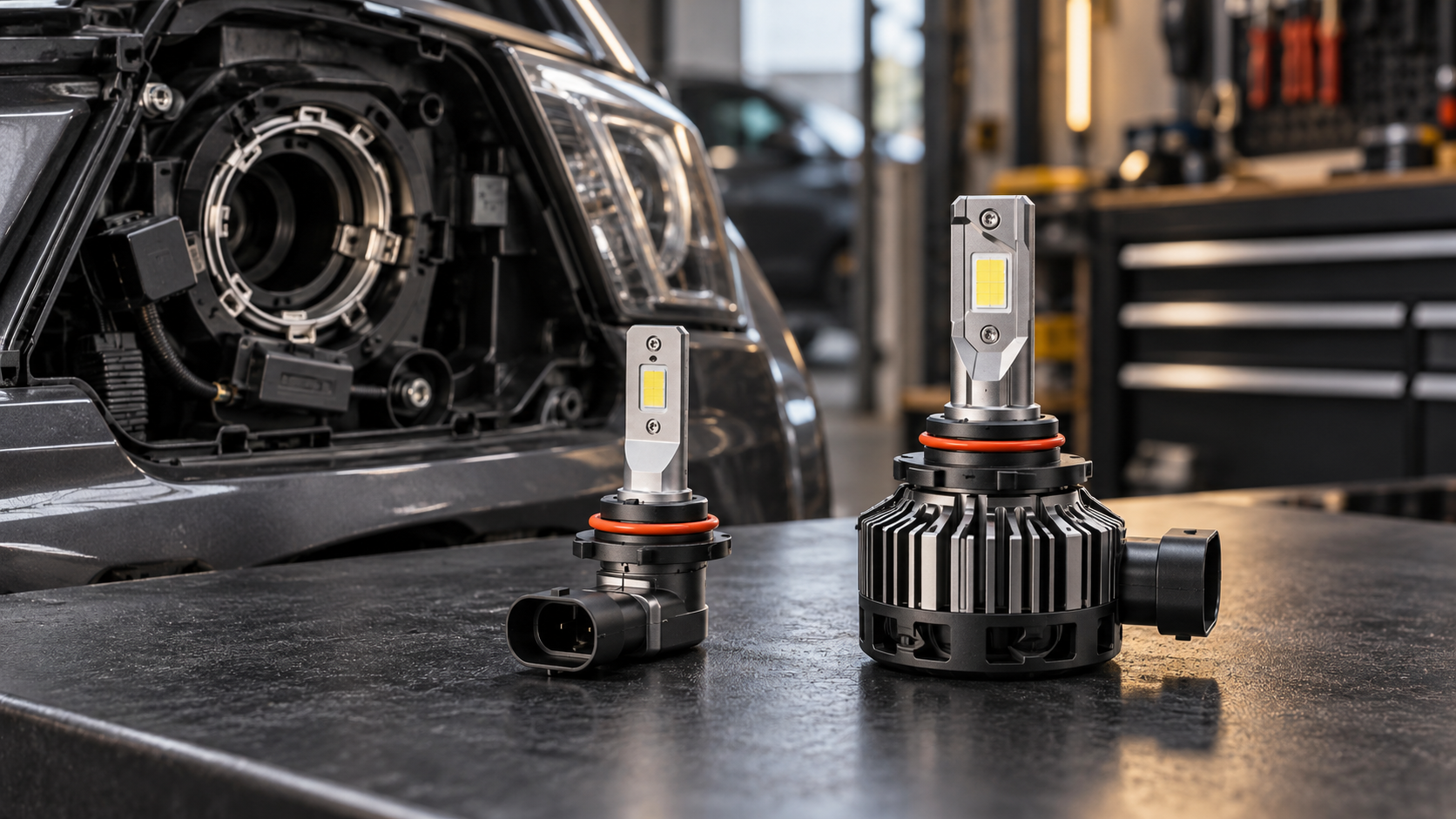 Illustration comparing two LED headlight bulb designs beside a vehicle headlamp