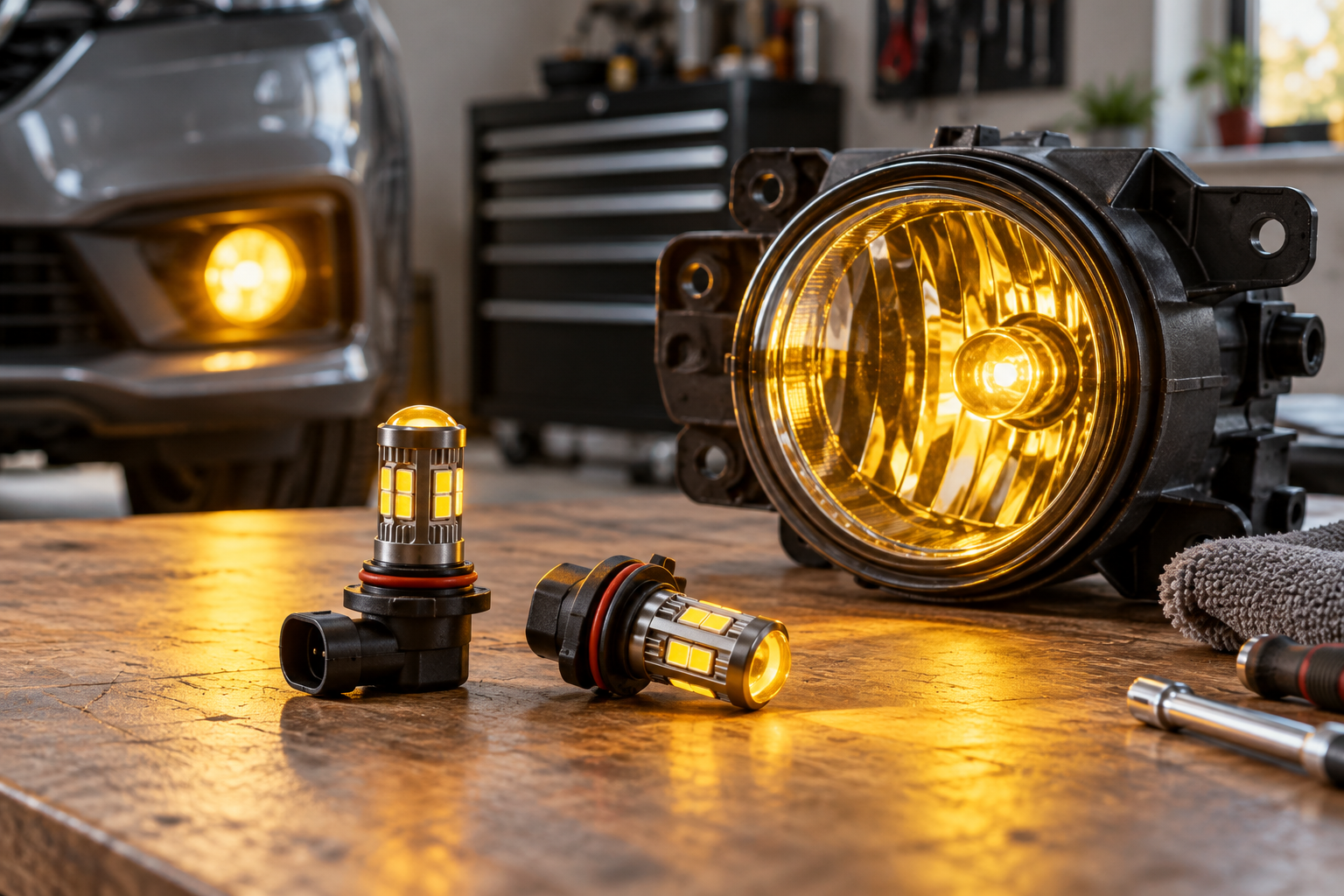 Unbranded yellow LED fog bulb beside a fog-lamp housing, illustrating a color choice rather than vehicle fitment