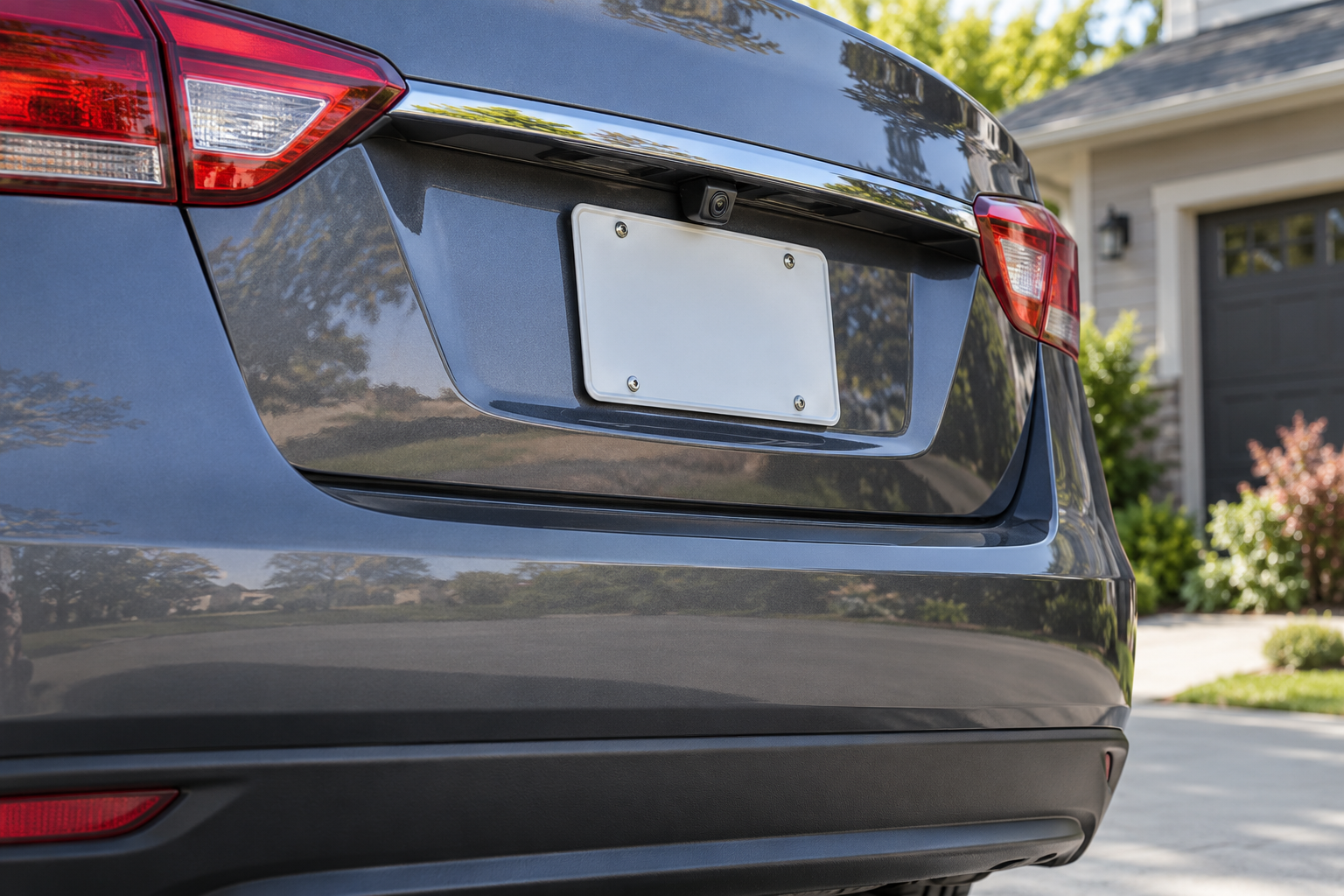 Small backup camera mounted above the rear license plate on an unbranded car