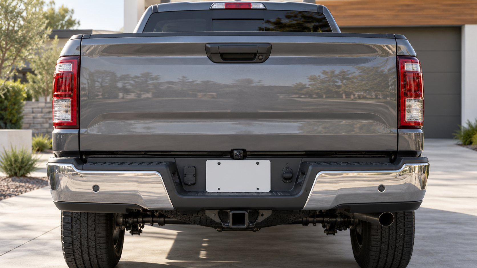Backup camera mounted above a pickup truck's license plate