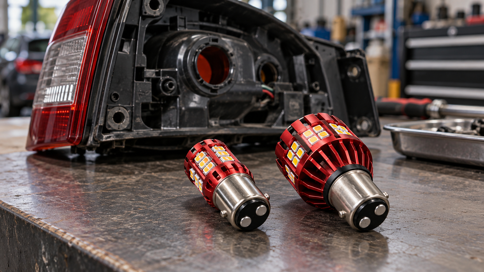 Unbranded red dual-contact LED brake/tail bulbs beside a vehicle tail-lamp housing