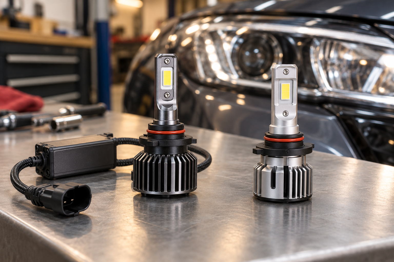 Two unbranded LED headlight bulb assemblies beside a 9005-style headlamp