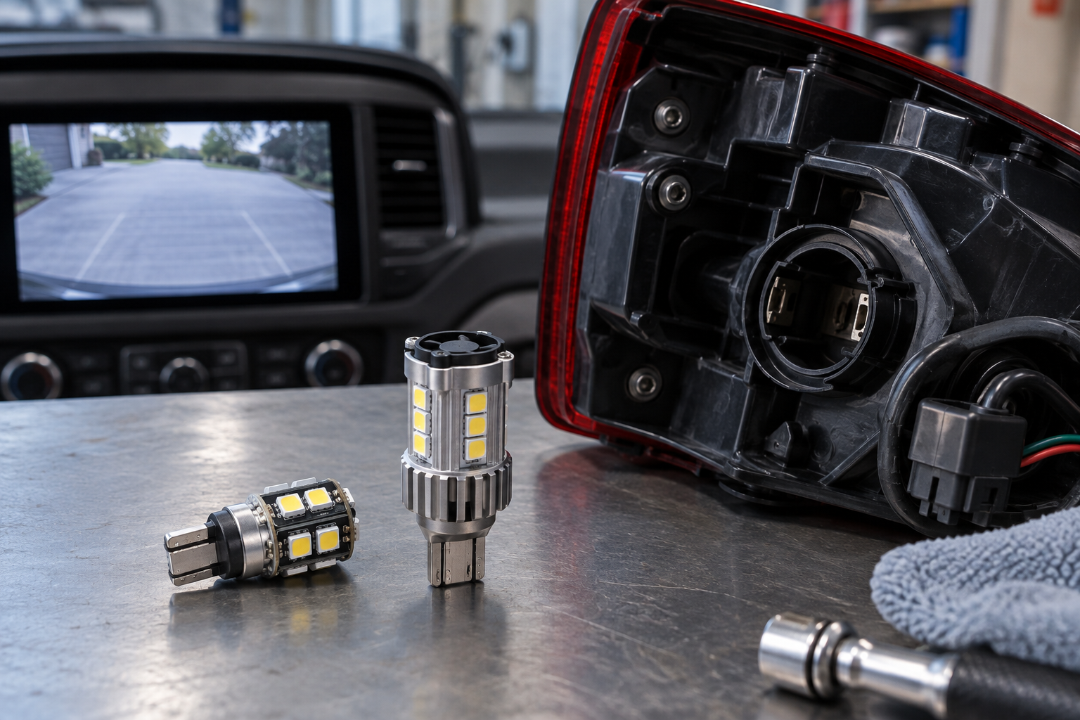 LED reverse light bulbs beside a vehicle reverse-light assembly