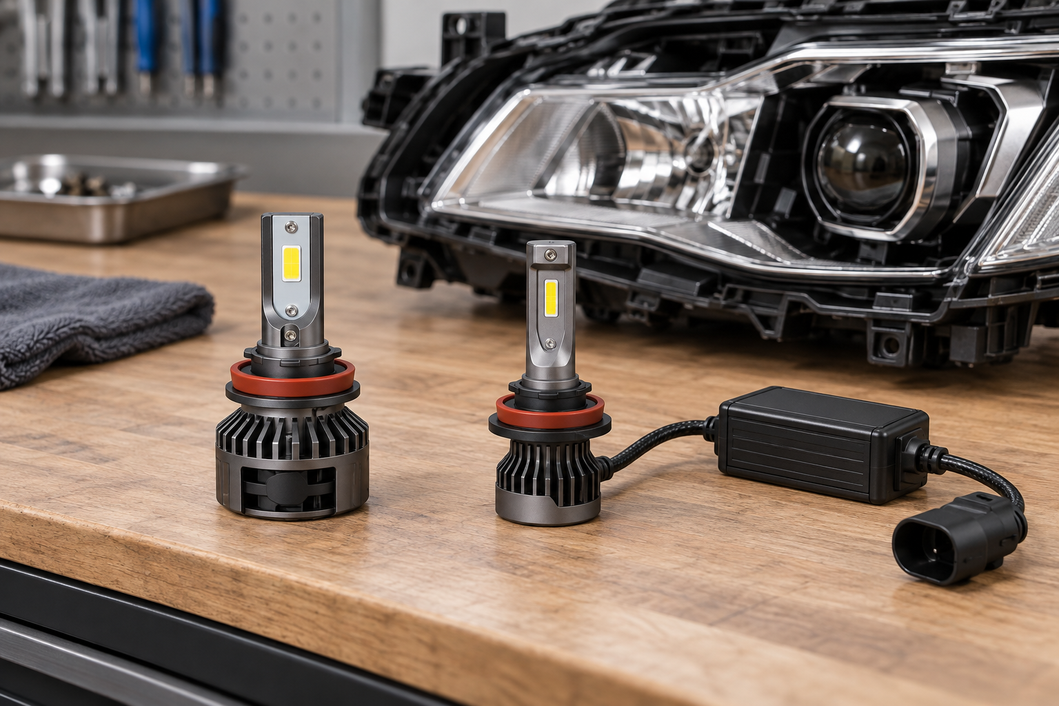 Two unbranded H11 LED headlight bulb designs with different cooling layouts beside a headlamp