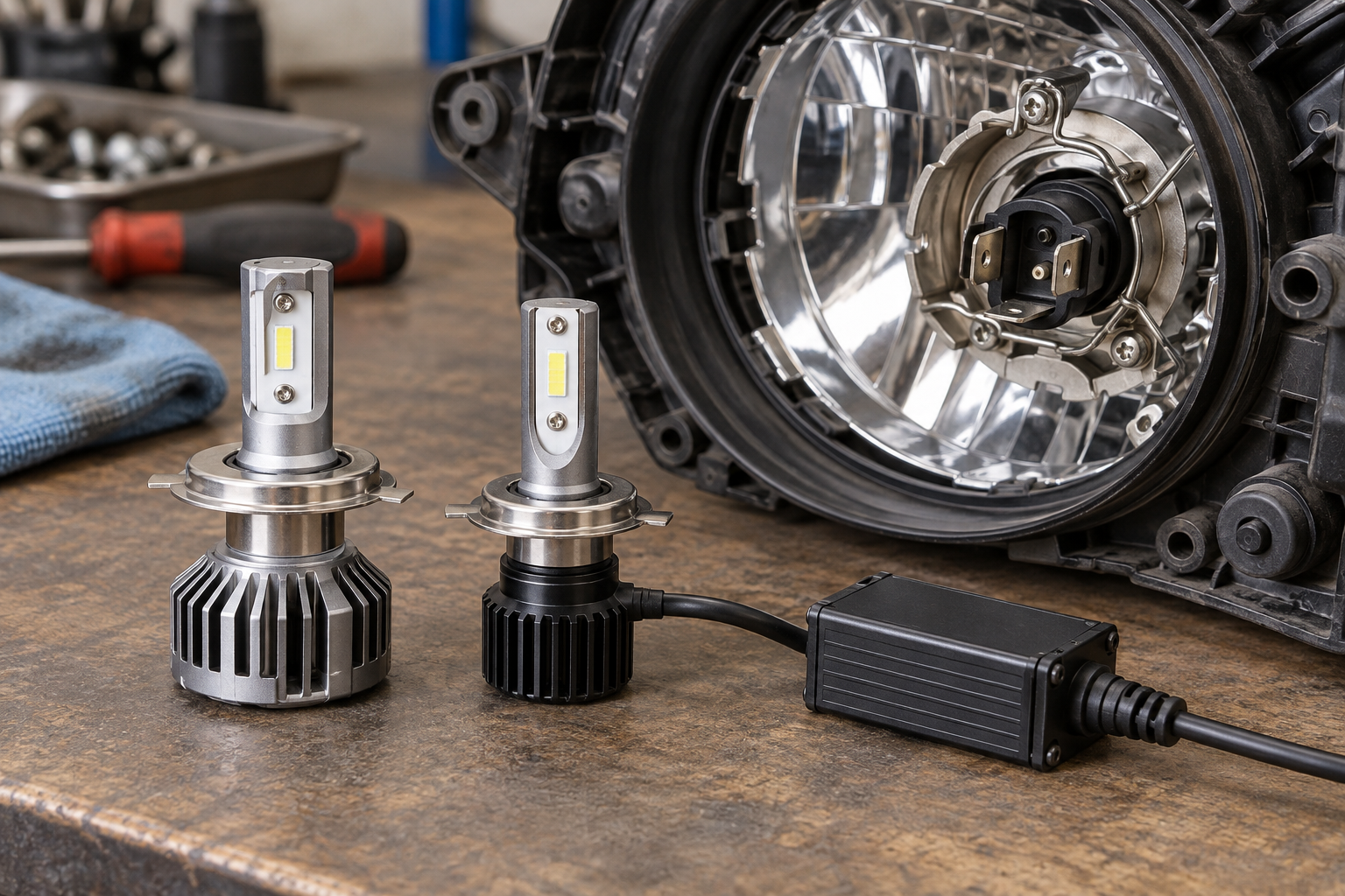 Two unbranded H4-style LED bulbs beside a dual-beam headlamp housing