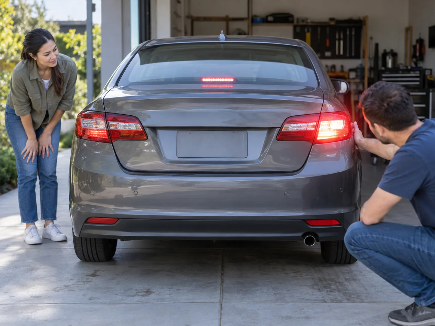 Mechanics inspect a vehicle rear brake and tail light assembly.