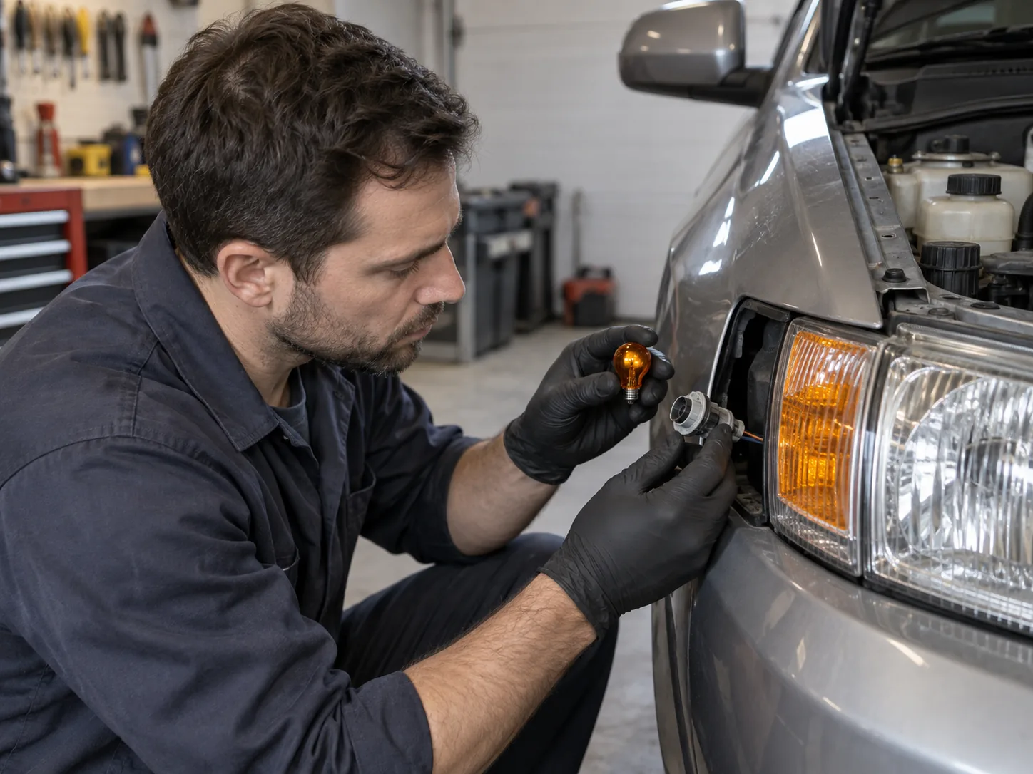 A mechanic checks an amber front turn-signal lamp while it is off.