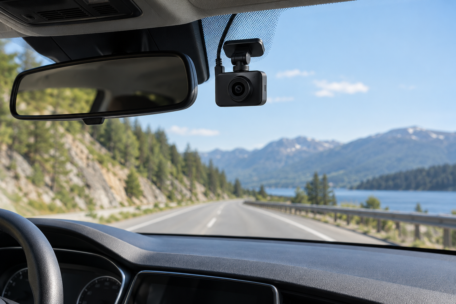 Unbranded dash camera mounted near the rear-view mirror with the road visible through the windshield