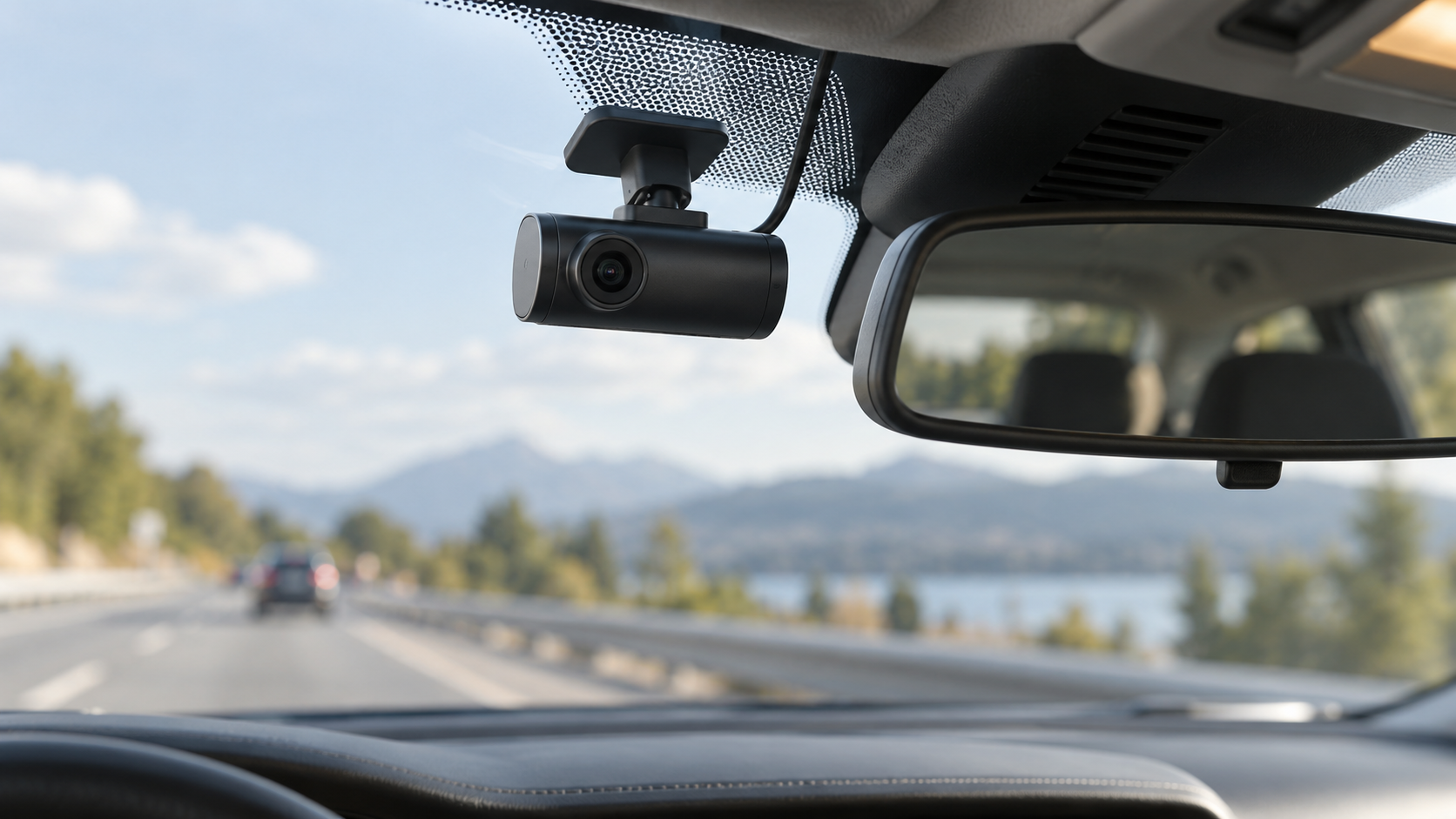 Compact dash camera mounted beside a car's rearview mirror
