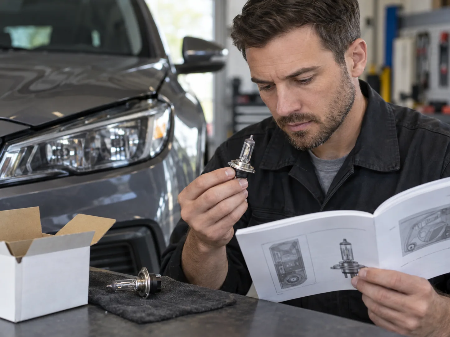 Person checking a headlight bulb against a vehicle manual beside a car headlamp