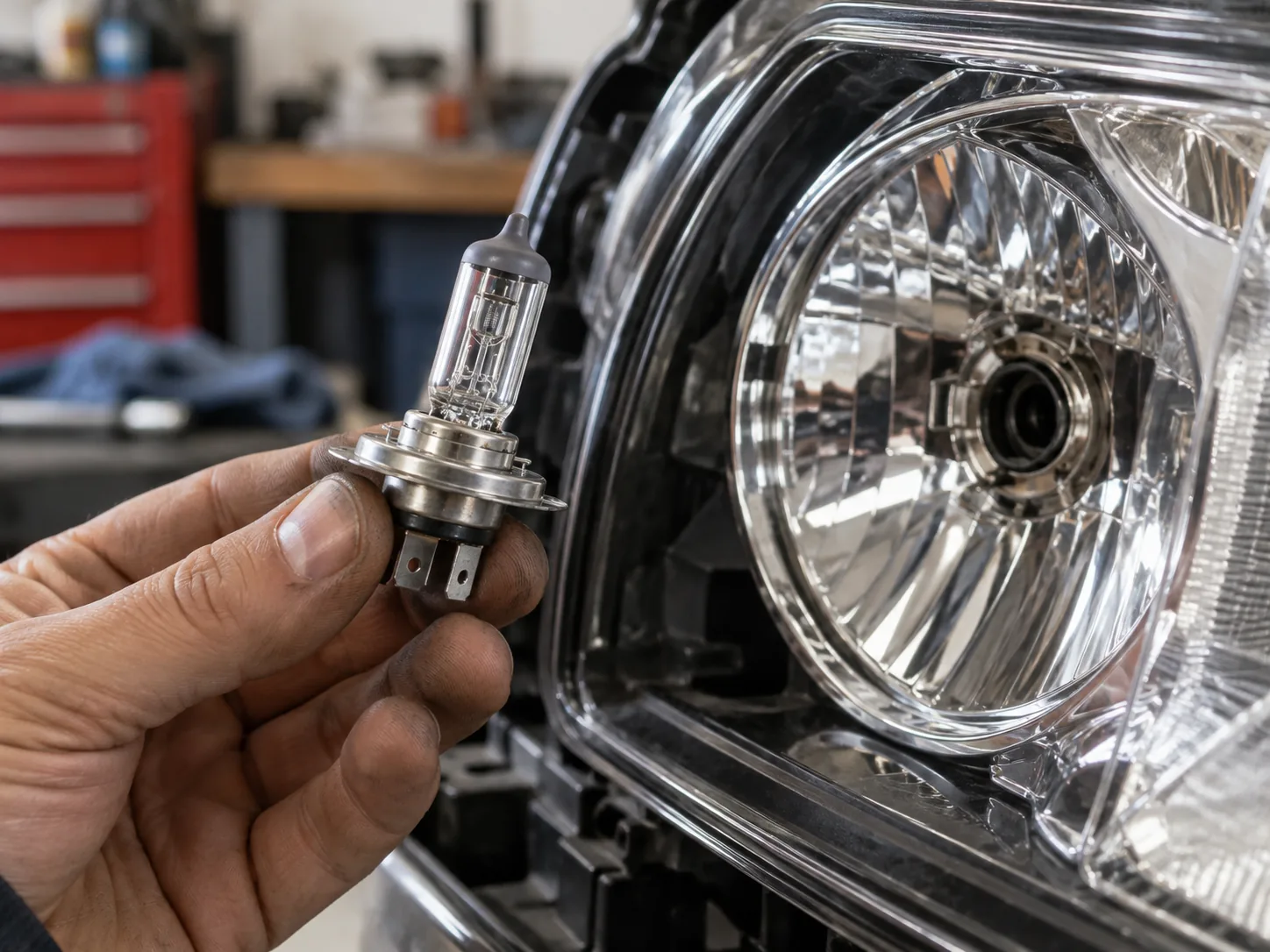 H4 dual-beam headlight bulb checked beside a vehicle headlamp
