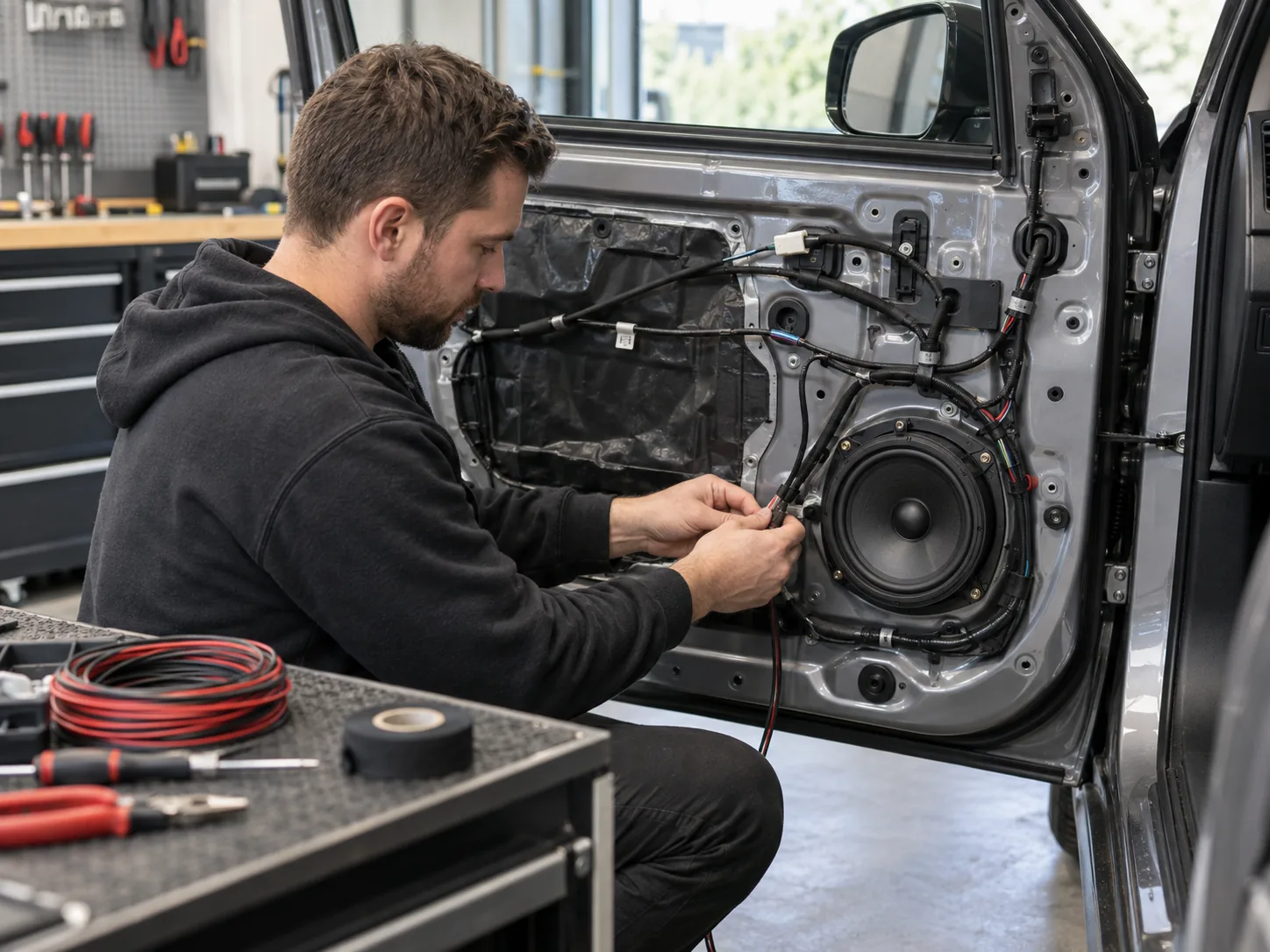 how-to-set-up-a-car-audio-system Car audio installer fitting a door speaker beside wiring and audio components