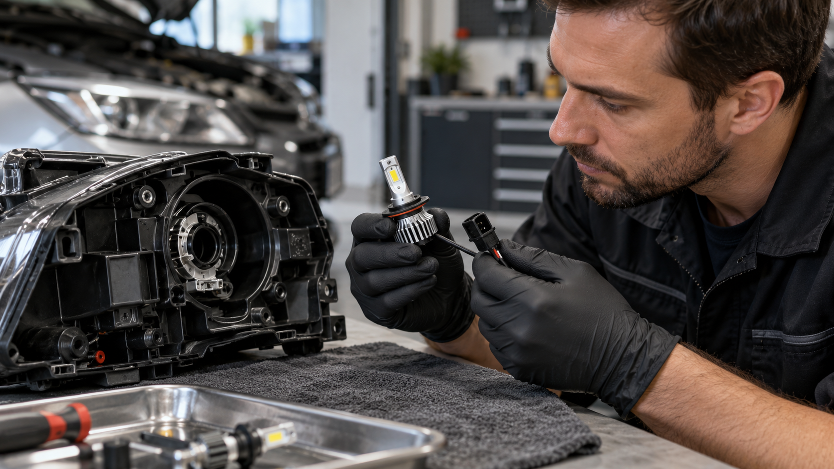 Mechanic inspecting an LED headlight bulb and connector beside an open headlamp housing