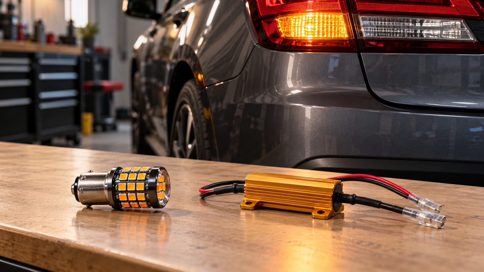 Amber LED turn-signal bulb and load resistor beside a vehicle's illuminated rear signal