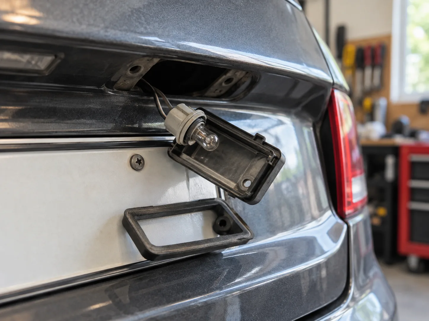 License plate bulb and socket removed from rear trim beside the vehicle lamp opening