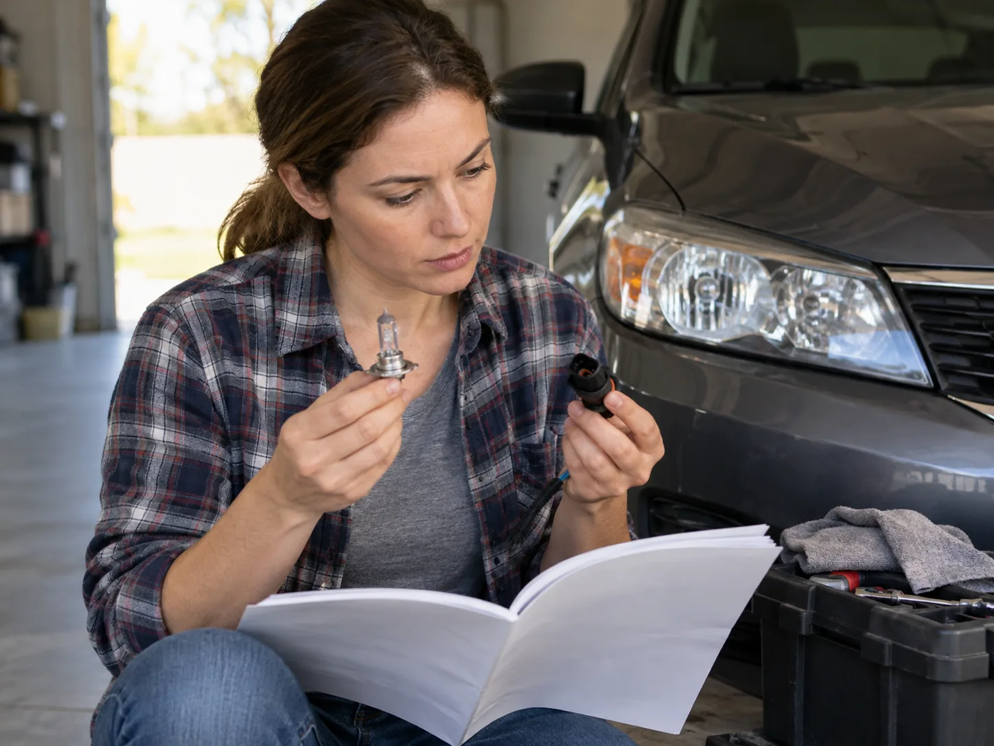light-bulb-size-guide Driver comparing a removed headlight bulb with the vehicle manual beside an open headlamp