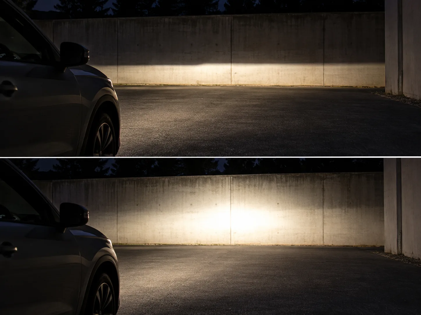 Low- and high-beam headlight patterns compared on a wall at night