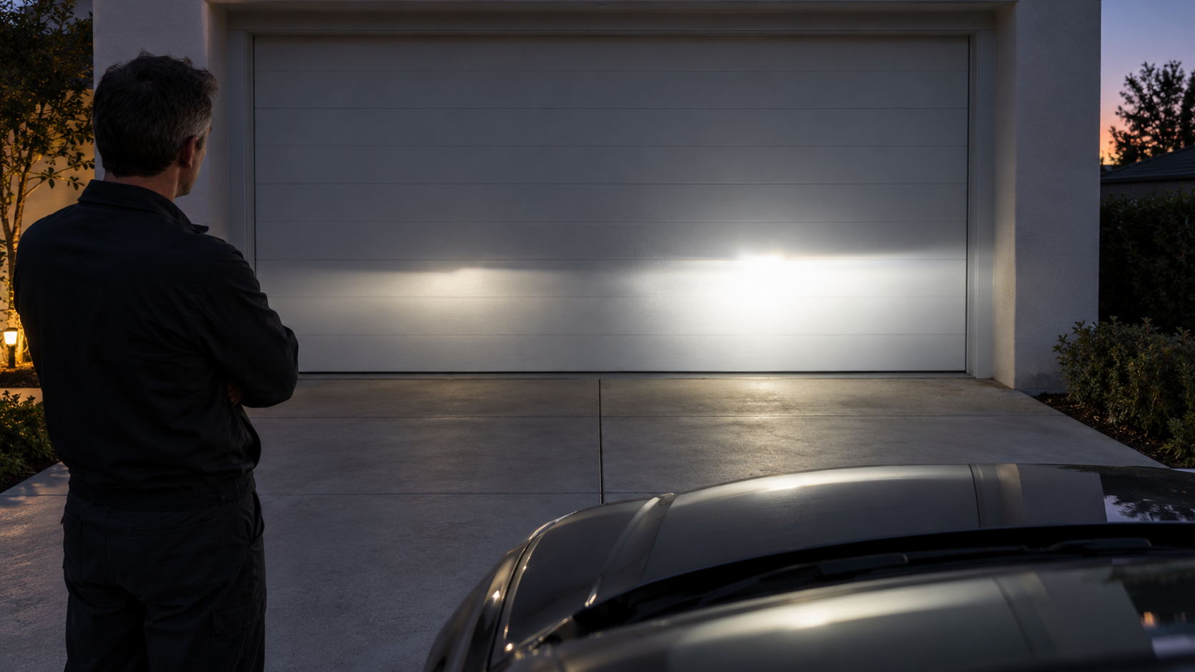 Two headlight beams on a garage wall, with the beam on one side visibly dimmer