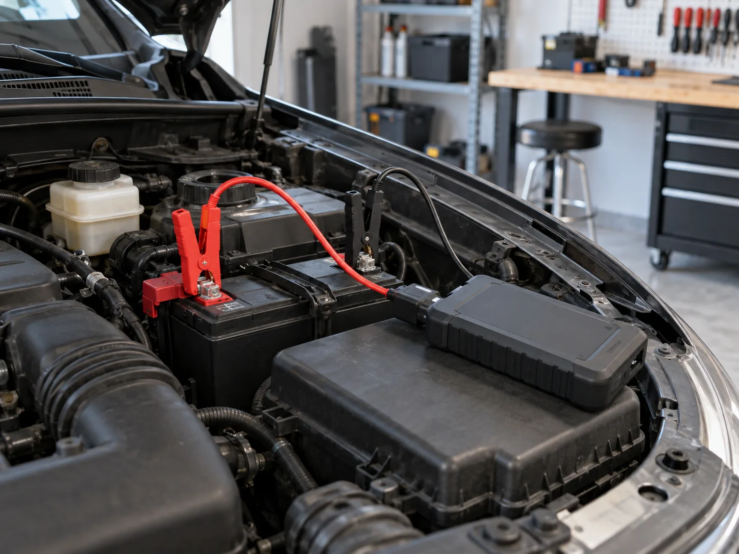 Portable jump starter connected to a vehicle battery with red and black clamps