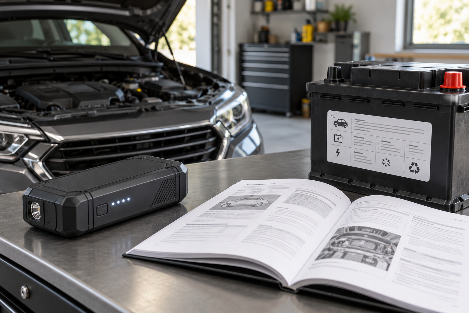 Portable jump starter beside a vehicle owner’s manual and car battery in a garage, illustrating a pre-purchase compatibility check.
